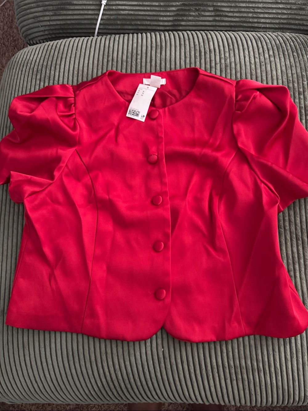 H&M Bright Red Puff-Sleeve Button-Up Blouse